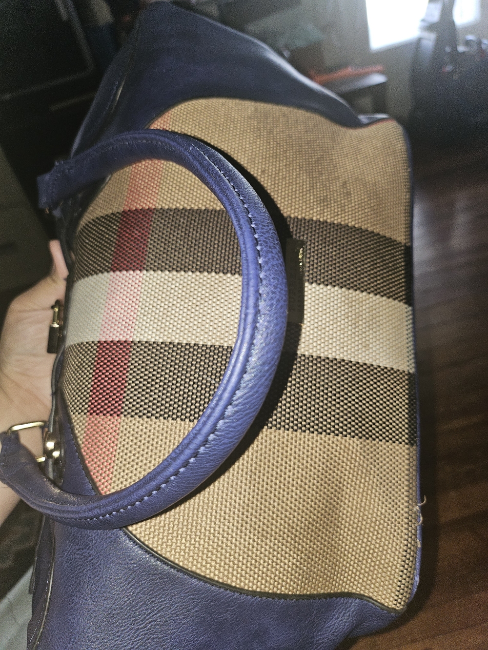 Burberry Navy Leather-Trim Check Shoulder Bag As Is Will Need Cleaned - Picture 6 of 6